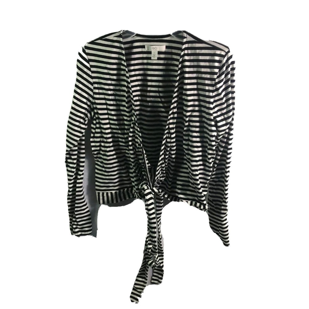 1901 Blouse Shirt Top Womens Size L Large V‎ neck Waist Tie Stripe Black White
